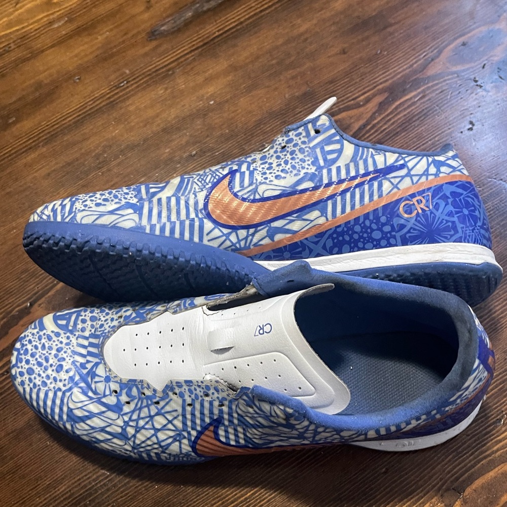 Nike CR7 Blue and White Shoes with Gold Swoosh